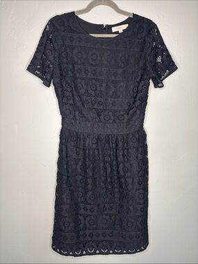LOFT Black Lace Short-Sleeve Midi Dress